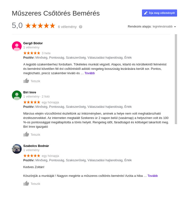 Csőtörés bemérés Miskolc, Debrecen, Nyíregyháza, Szolnok, Eger - Szekeres Zoltán, vélemények